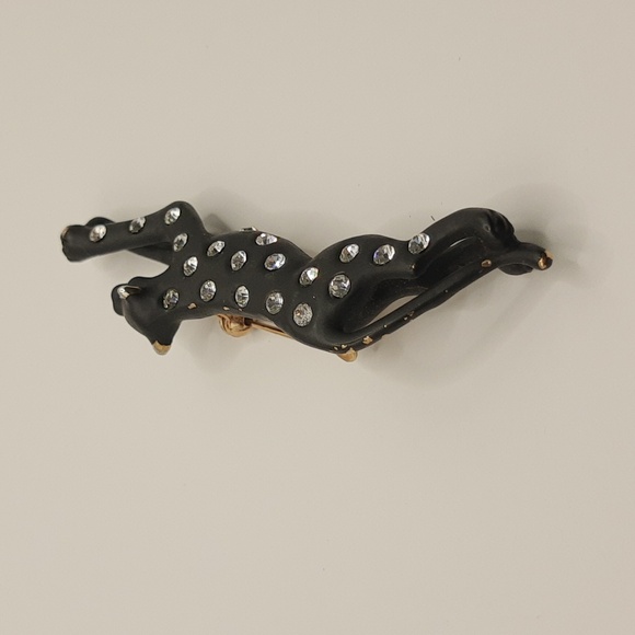Cheetah Leopard Cougar Brooch Pin Enamel Black Gold Rhinestones VTG 80s 90s - Picture 9 of 12